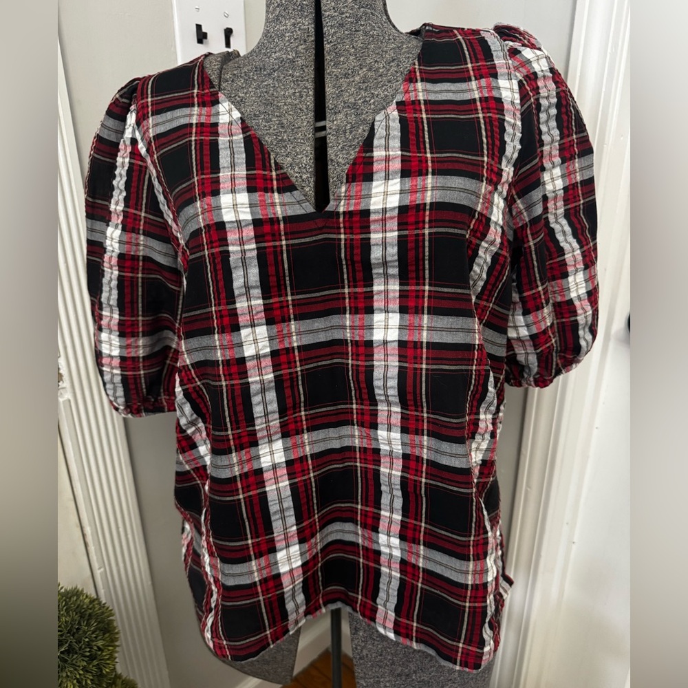 Women’s Loft Red Black & White Puckered Plaid Puff Sleeve Blouse Medium